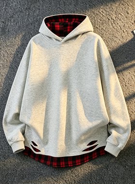 男女同款假两件连帽卫衣痞帅格纹拼接下摆破洞宽松潮牌套头上衣