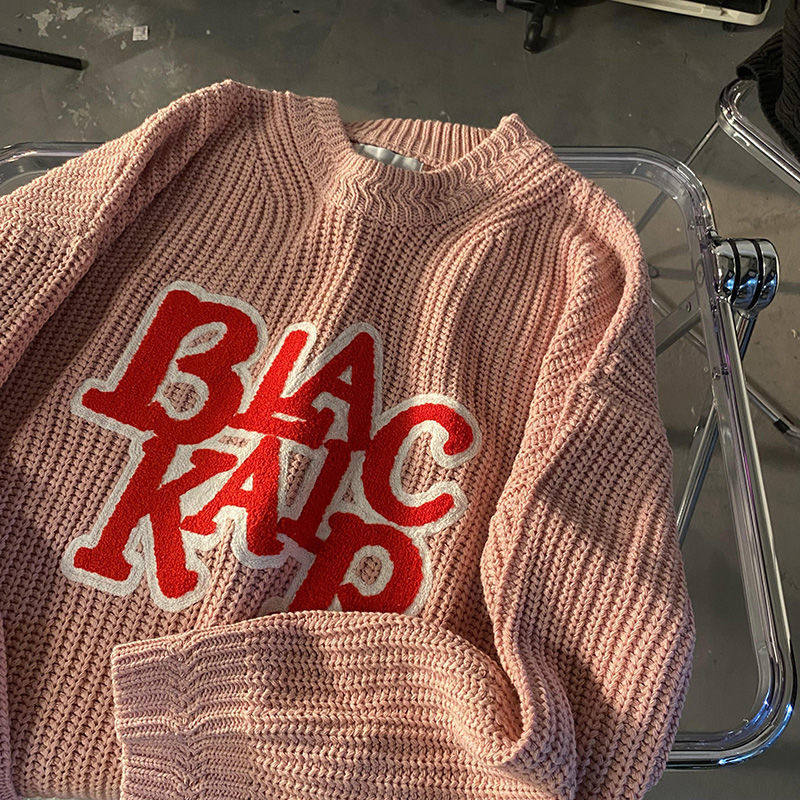 美式复古小众字母刺绣针织衫男女秋冬宽松港风痞帅炸街情侣装bc