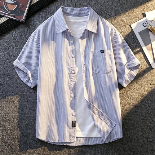 痞帅条纹短袖衬衫男女款夏季薄款宽松休闲衬衣中性风百搭情侣上衣