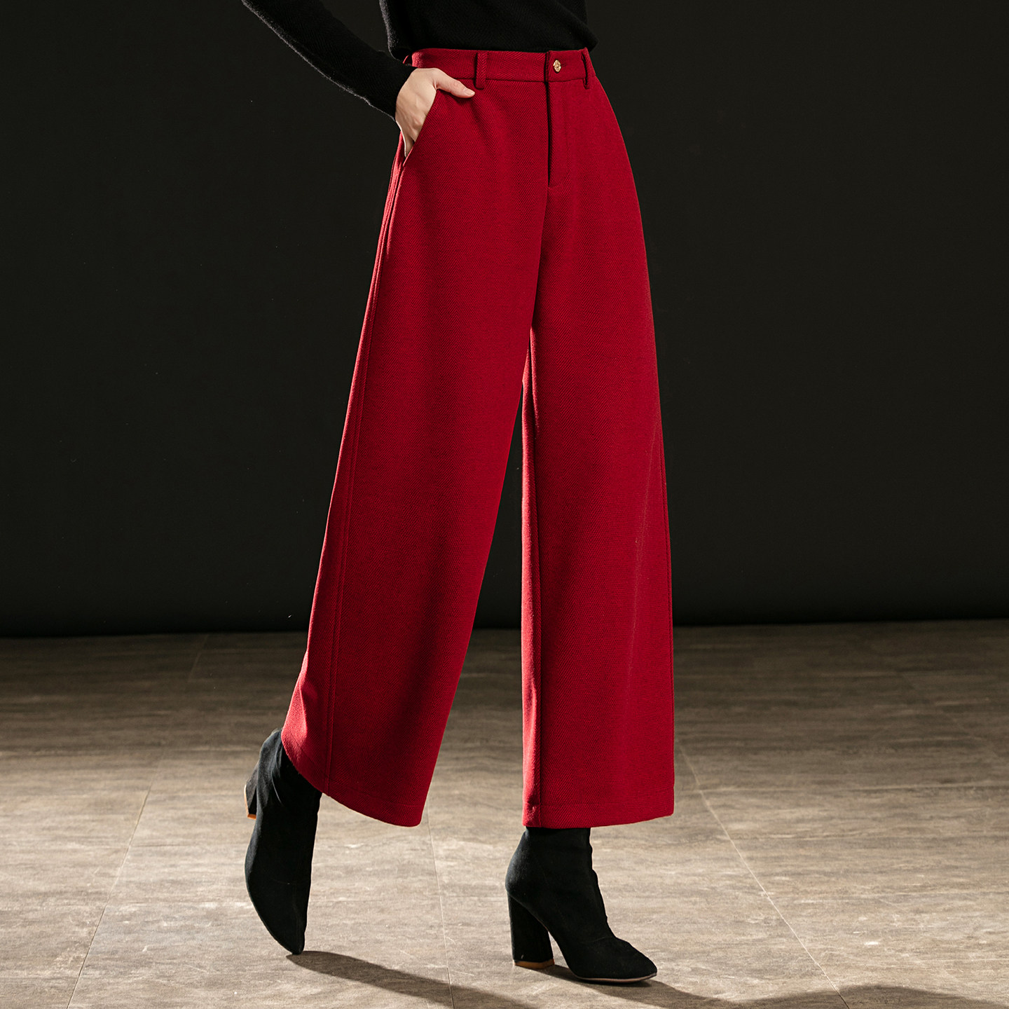 正红色羊毛呢弯刀阔腿裤女秋冬新款高腰宽松显瘦垂感小个子休闲裤,女装/女士精品,休闲裤,淘宝优惠券,粉丝福利购,淘宝优惠卷