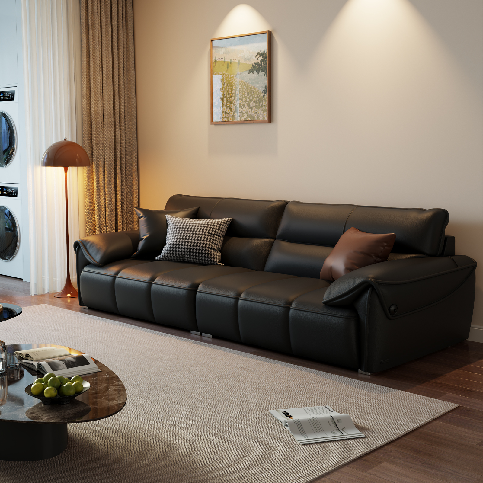 冬木真皮沙发客厅钢琴键2025新款黑色大黑牛现代家俱头层牛皮