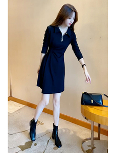 秋季新款高级感拉链立领连衣裙女秋装长袖修身显瘦小黑裙早秋裙子