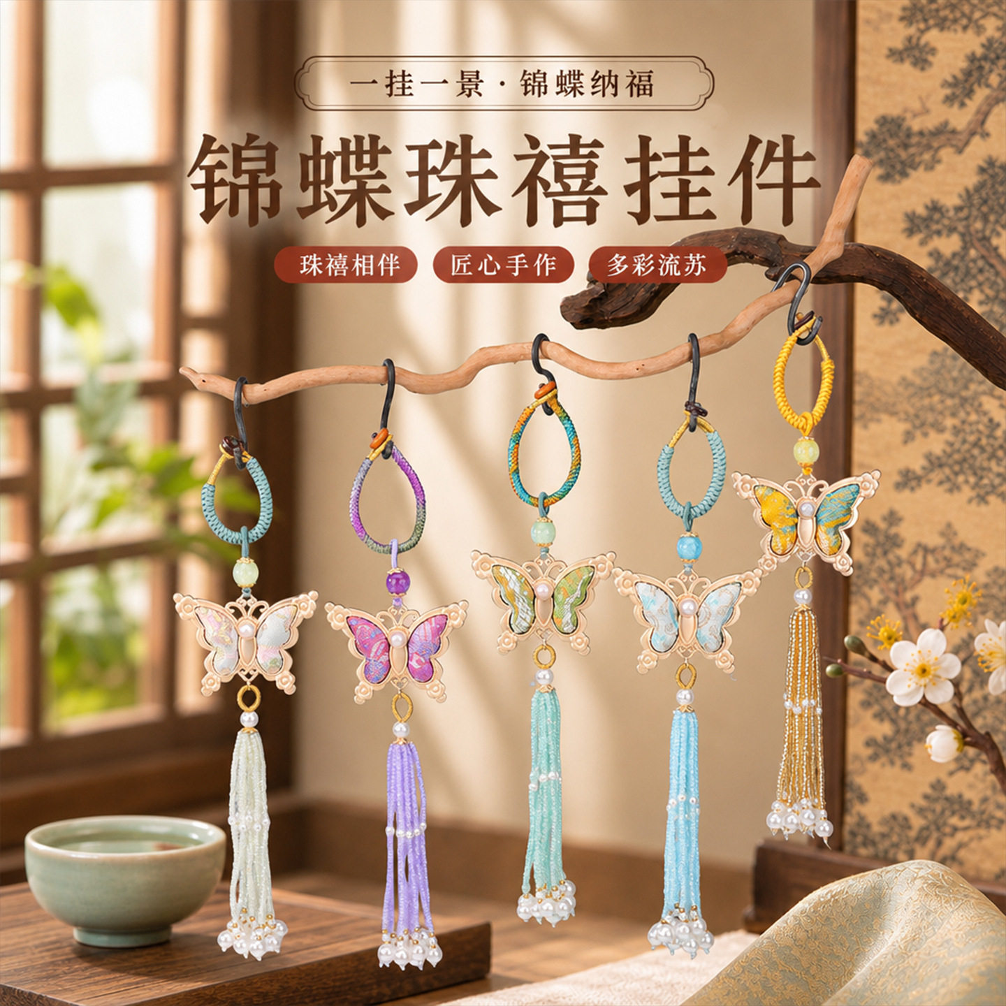 新中式宋锦蝴蝶流苏指环扣挂件