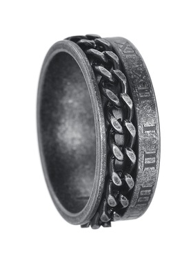 KANZAO欧美复古风做旧古银色钛钢戒指可转动链条戒指新款罗马数字