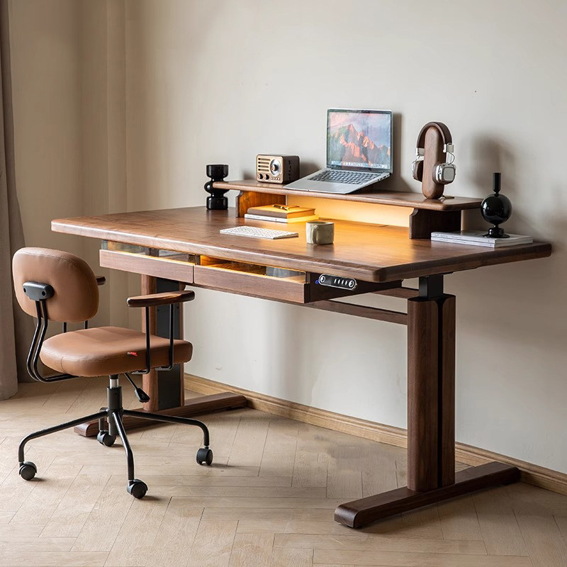 北美黑胡桃木升降书桌实木电动办公桌吧台桌多用智能双电机工作台