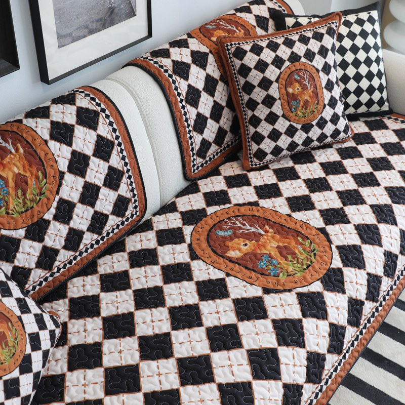 雨朵 ins棋盘格卡通小鹿沙发垫布艺四季通用防滑真皮沙发坐垫子