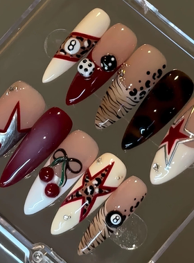 多种型号欧美手工穿戴甲时尚独特黑色八号台球高级蝴蝶结爆闪水钻