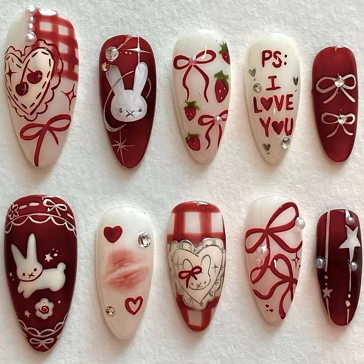 欧美风纯手工甜美可爱兔子草莓蝴蝶结珍珠水钻杏仁型短款穿戴甲