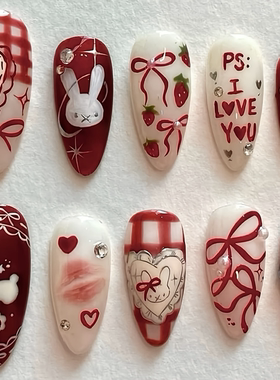 欧美风纯手工甜美可爱兔子草莓蝴蝶结珍珠水钻杏仁型短款穿戴甲