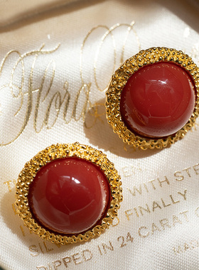 Vintage自制法式复古经典bi入款南红色银针耳钉耳夹港风中古高级