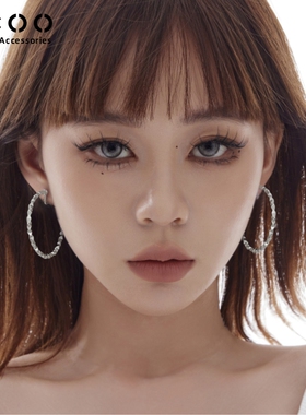 CCOO碎银素圈耳环女轻奢法式大耳圈小众独特设计感银色高级耳夹