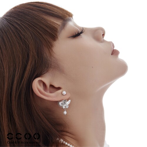 CCOO925银针前后戴珍珠蝴蝶耳钉