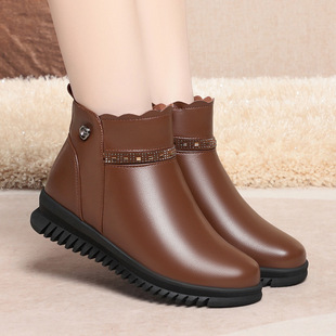 撤柜冬季中老年妈妈棉鞋真皮加绒保暖防滑皮鞋女加厚羊毛平底老人