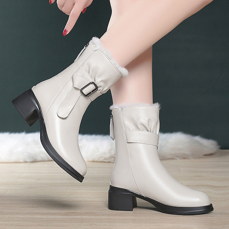 撤柜冬季真皮毛一体中筒靴女款加绒加厚马丁靴保暖棉鞋雪地靴羊毛