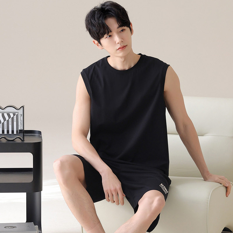 撤柜男士睡衣夏季纯棉背心短裤新款休闲大码可外穿家居服夏天套装
