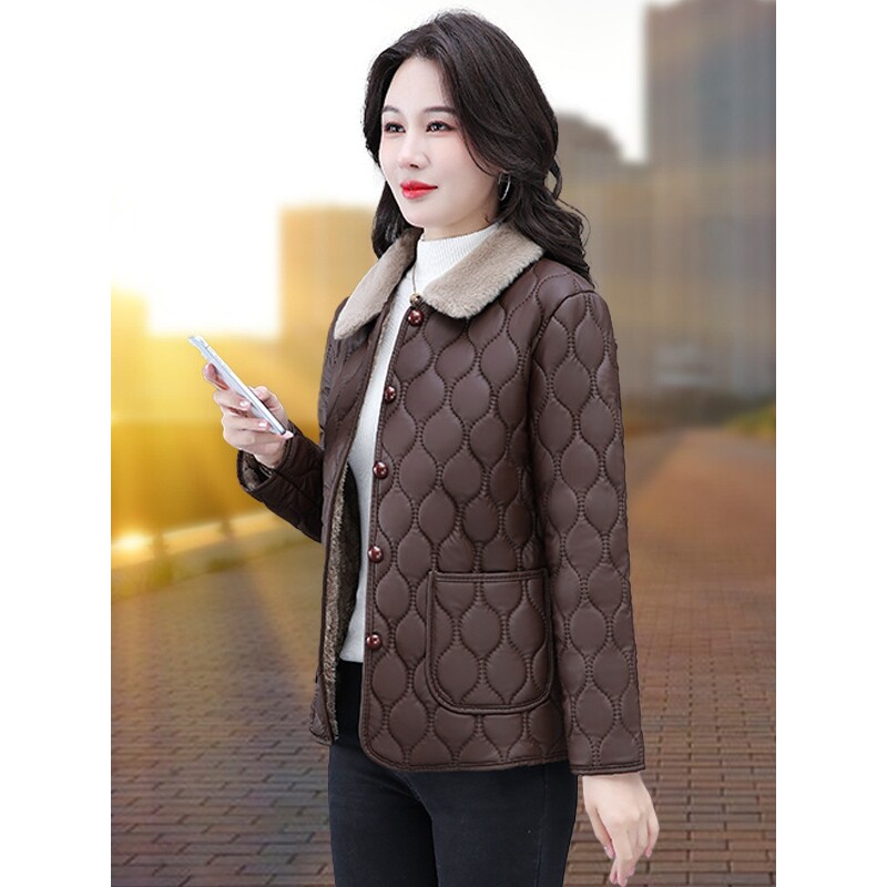 撤柜年秋冬新款女士棉衣翻领PU皮衣加绒加厚百搭洋气短款棉袄外套