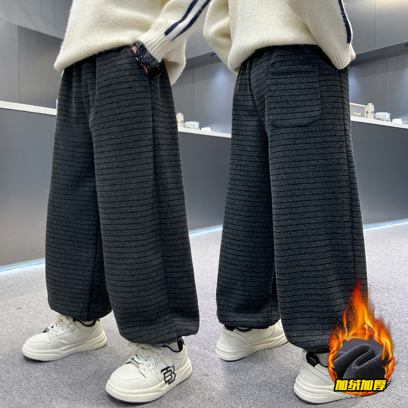 明星同款男童冬季加绒条纹裤新款儿童装运动休闲加厚保暖束脚裤长