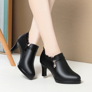 撤柜高跟单鞋软底软面舒适深口女鞋时尚加绒保暖女士皮鞋单鞋