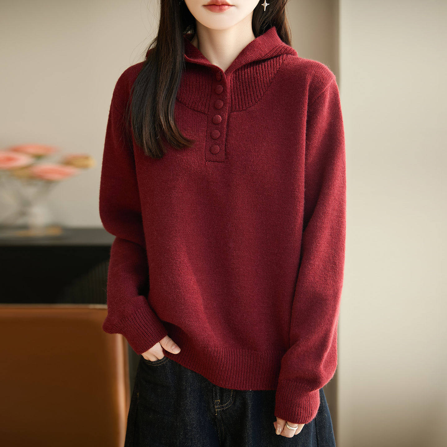 撤柜连帽新年红色针织衫女新款秋冬显瘦打底毛衣修身内搭帽衫上衣