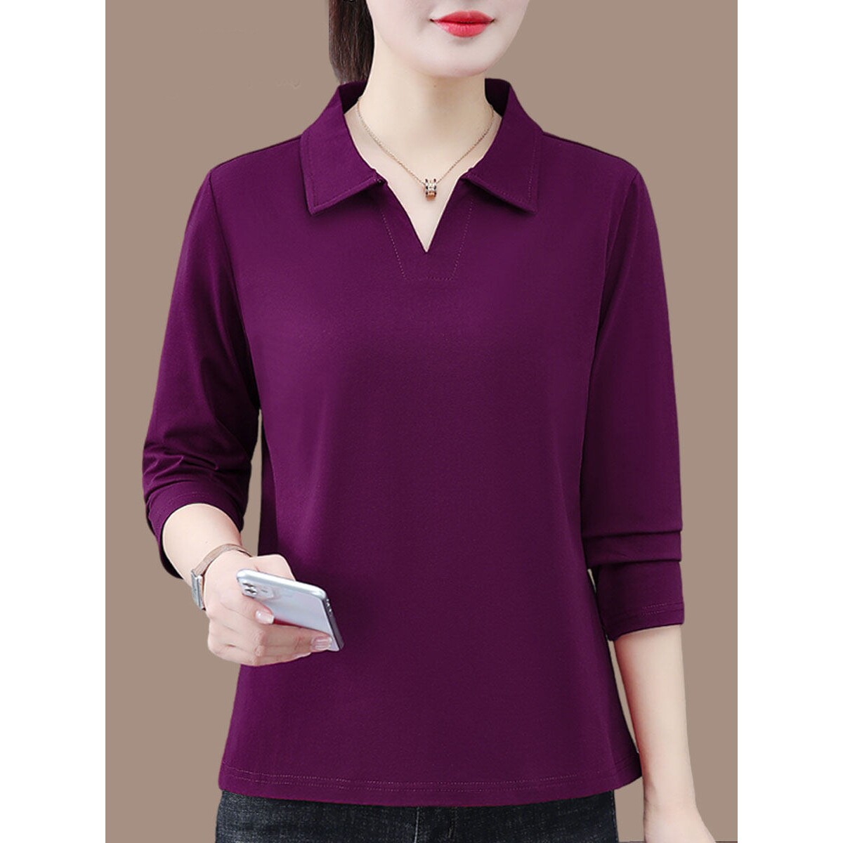 撤柜高品质纯棉翻领长袖t恤女春秋新款中年妈妈大码宽松百搭上衣