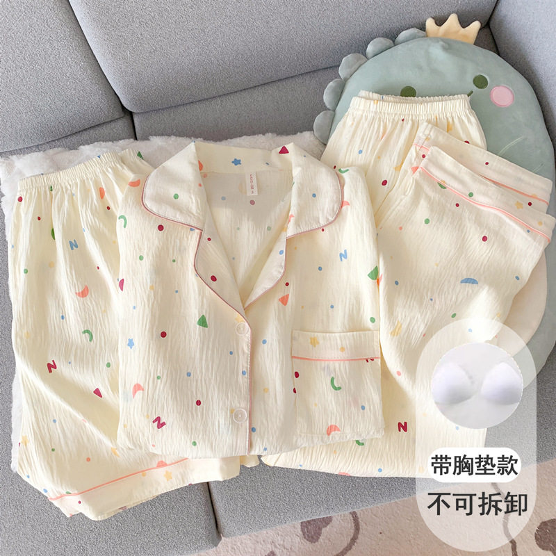 撤柜星月彩点带胸垫睡衣女款春夏季纯棉纱布短袖三件套休闲外穿家