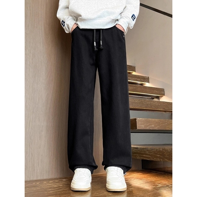 唯品会秋冬季青少年加绒加厚牛仔裤子男孩初中高中学生大童直筒阔