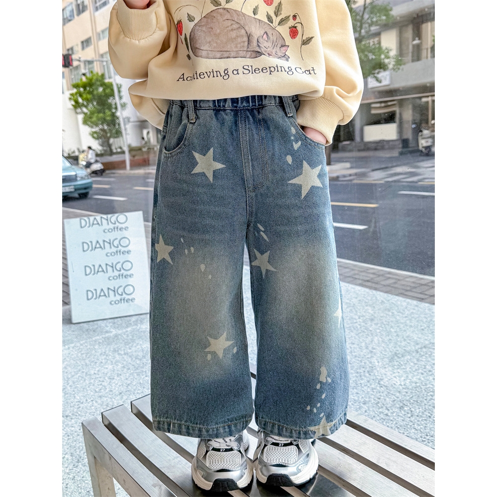 进口新款秋季新款儿童五角星牛仔裤韩版女童洋气直筒裤童装潮