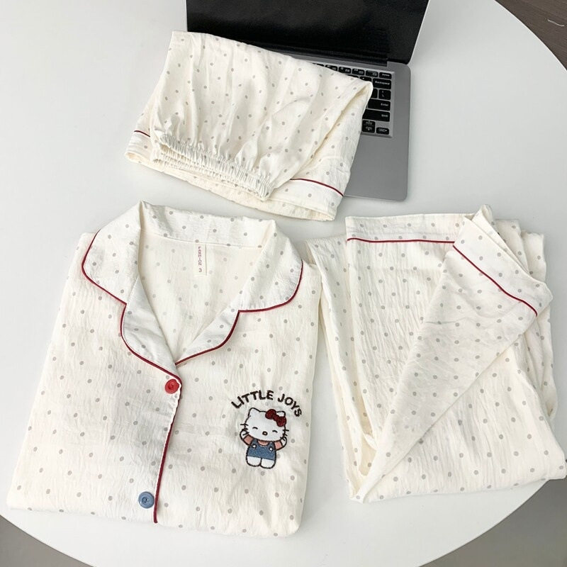 撤柜刺绣KT猫圆点睡衣女夏季纯棉纱布短袖学生薄款家居服三件套春