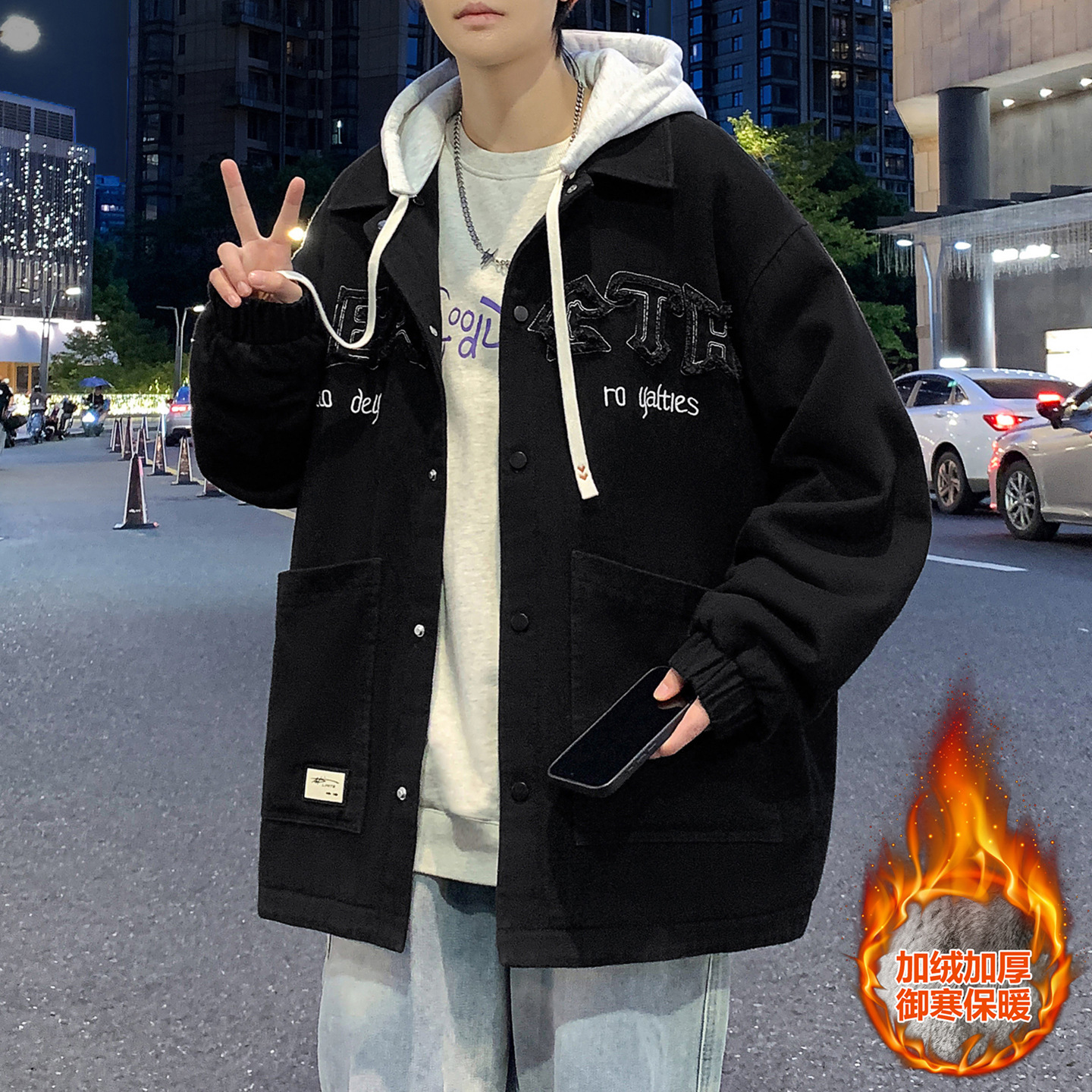 唯品会秋冬款加绒加厚牛仔外套男孩初中高中学生青少年大童冬装夹