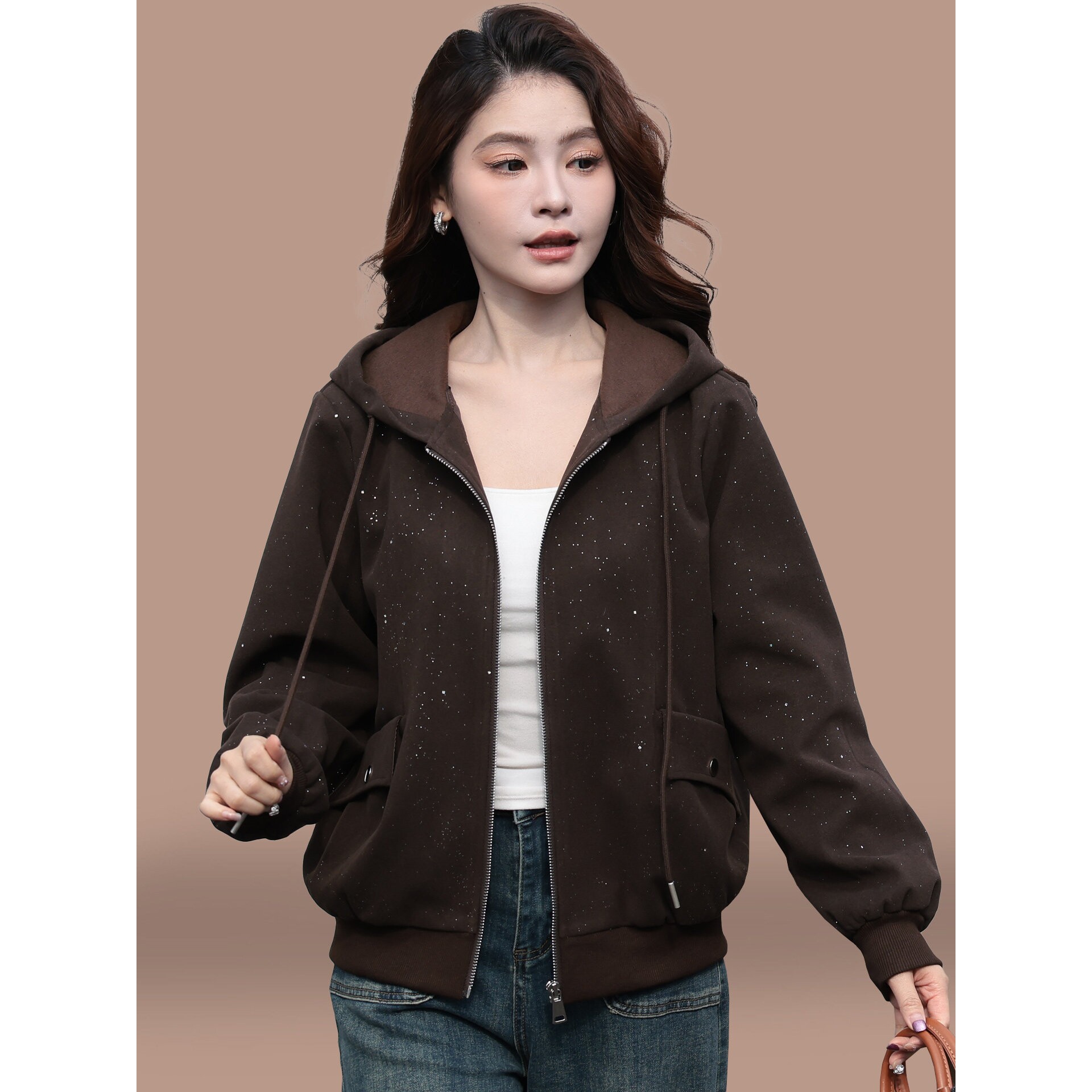 撤柜早春精致外套女款新款春秋时尚小个子连帽开衫卫衣短款上衣服