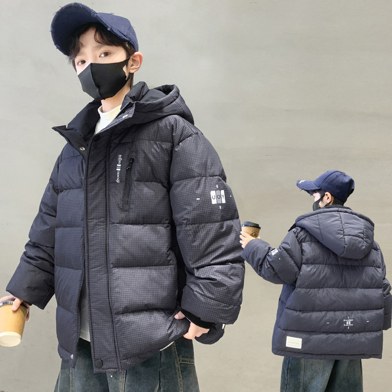 明星同款男童冬季棉衣新款儿童装洋气加厚保暖羽绒棉格子连帽外套