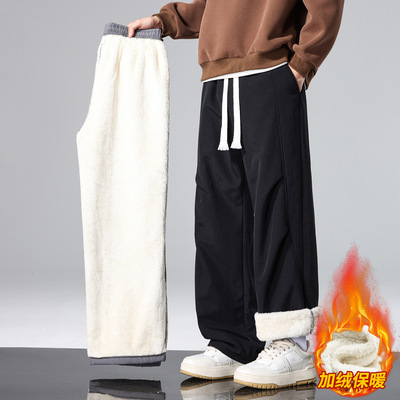 唯品会冬季羊羔绒裤子男孩青少年高中初中学生加绒加厚大童直筒休