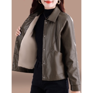 撤柜短款皮衣外套女秋冬款新款中年妈妈加绒加厚pu皮夹克翻领上衣