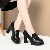 防水台时尚 百搭舒适乐福鞋 工作鞋 撤柜深口粗跟皮鞋 一脚蹬单鞋