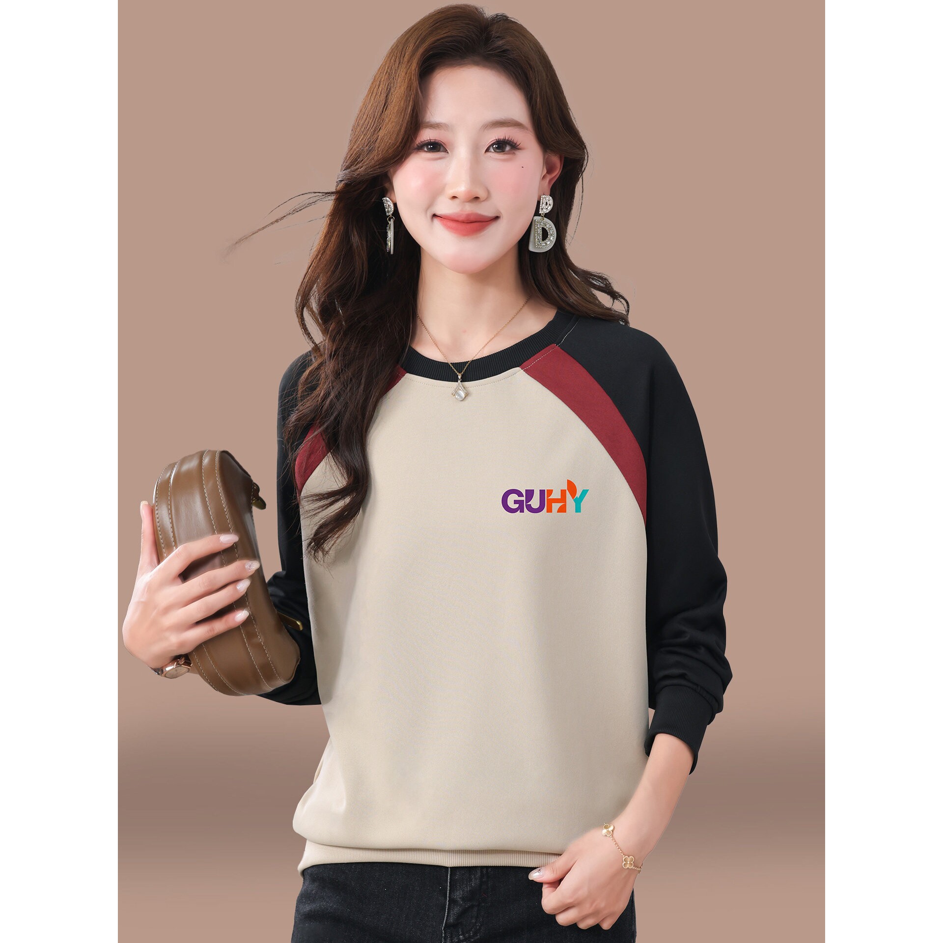 撤柜早春撞色卫衣女款小个子新款春秋洋气减龄宽松圆领长袖上衣服