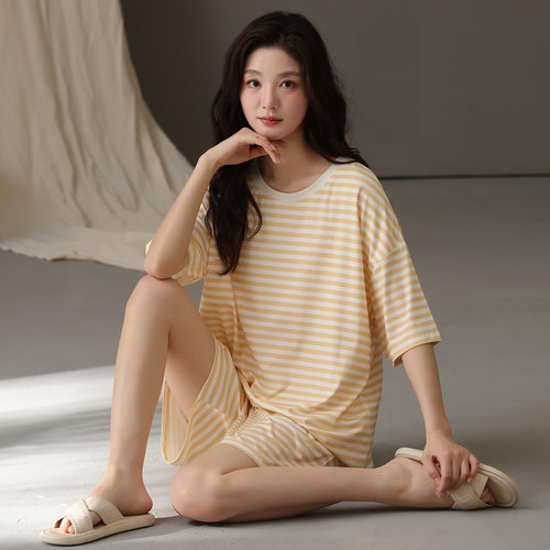 撤柜莫代尔棉睡衣女夏季薄款新款条纹短袖短裤套装宽松大码家居服