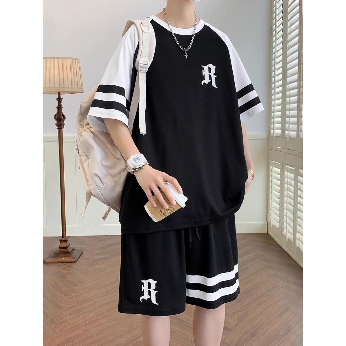 撤柜青少年短袖t恤男孩衣服-岁初高中学生夏装休闲运动短裤套装