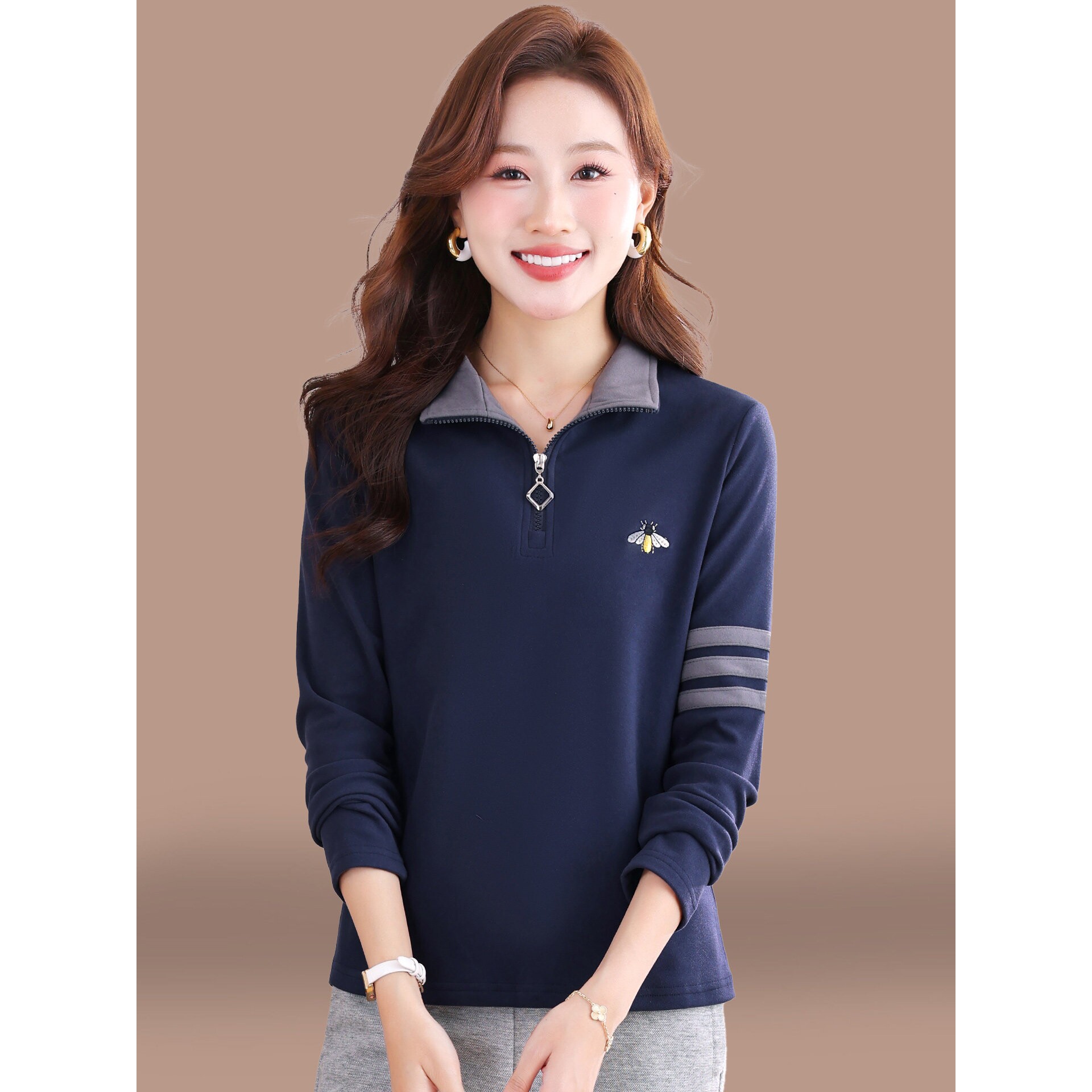 撤柜半拉链卫衣女款小个子新款春秋薄款时尚宽松翻领长袖休闲上衣