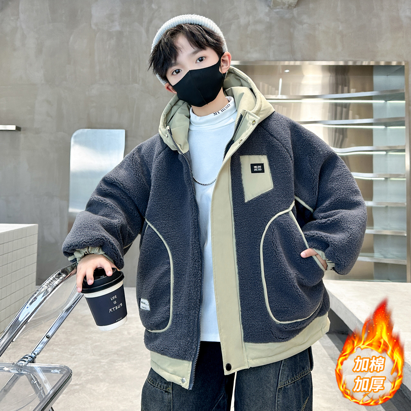 明星同款男童冬季外套新款儿童装洋气夹棉加厚保暖连帽毛毛衣风衣