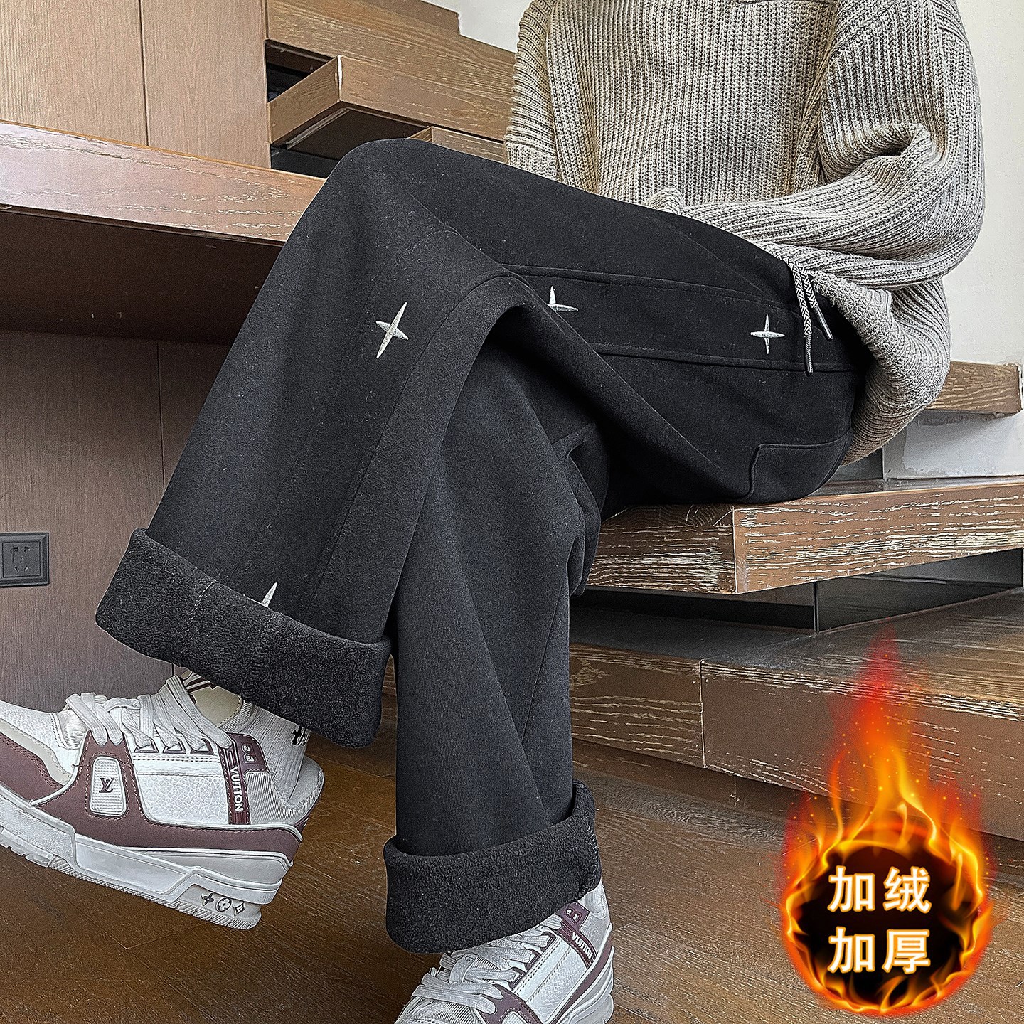 唯品会秋冬季加绒加厚裤子男初中高中学生直筒休闲运动裤青少年大