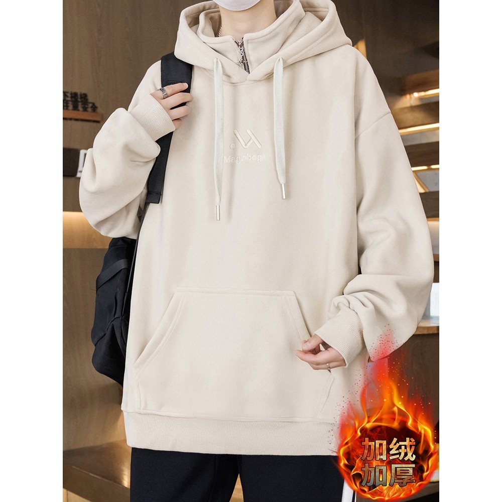 品牌断码加绒加厚双面绒卫衣男新款带帽子青少年纯色冬装潮流外套