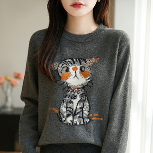 撤柜法式卡通猫咪图案圆领针织衫女灰色长袖加厚保暖打底毛衣可爱