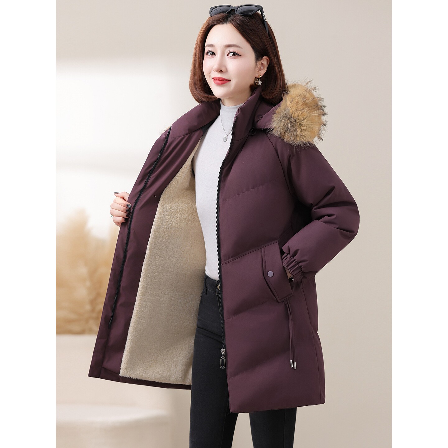 撤柜大毛领羽绒棉衣棉服女士中长款冬季新款妈妈加绒加厚棉袄外套