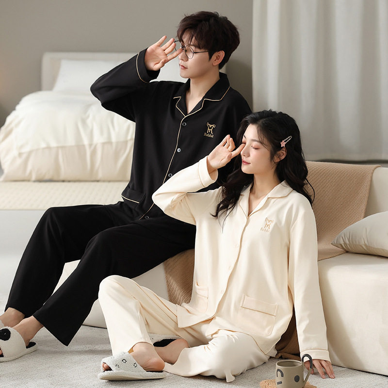 撤柜情侣睡衣女士春秋季拉架爽棉长袖男士开衫纯棉全棉家居服秋天