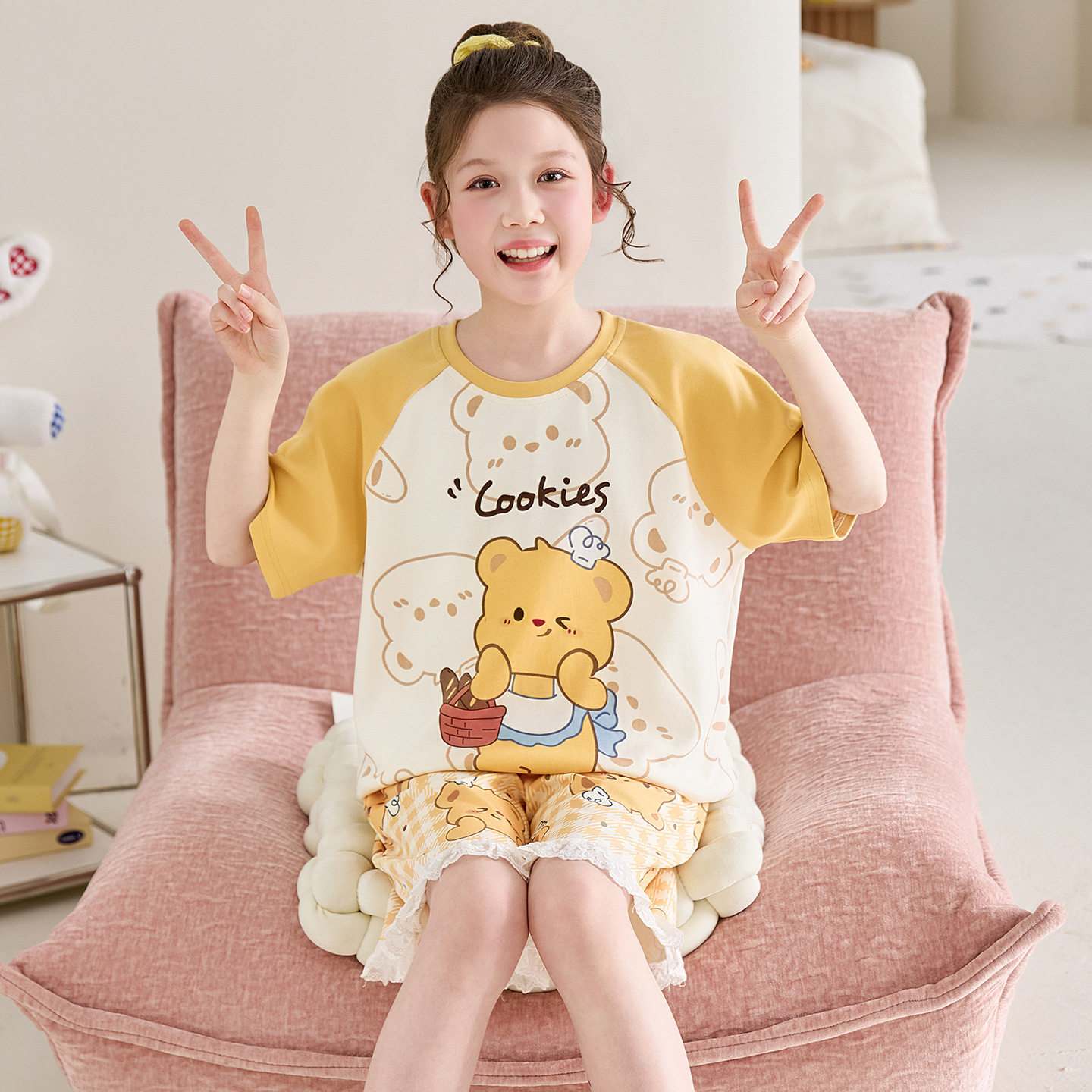 撤柜女童睡衣儿童夏季纯棉薄款短袖新款公主风可爱女孩亲子家居服
