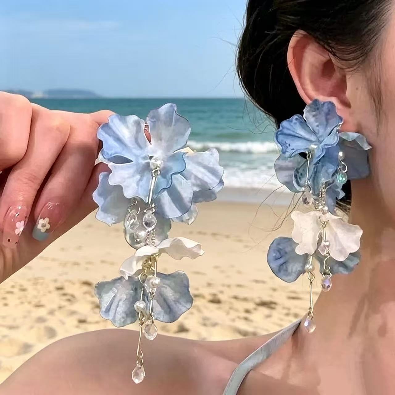 日本夏日紫色花朵流苏耳环女新款海边度假风耳饰森系浪漫纱花耳饰图片