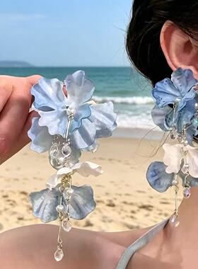 日本夏日紫色花朵流苏耳环女新款海边度假风耳饰森系浪漫纱花耳饰