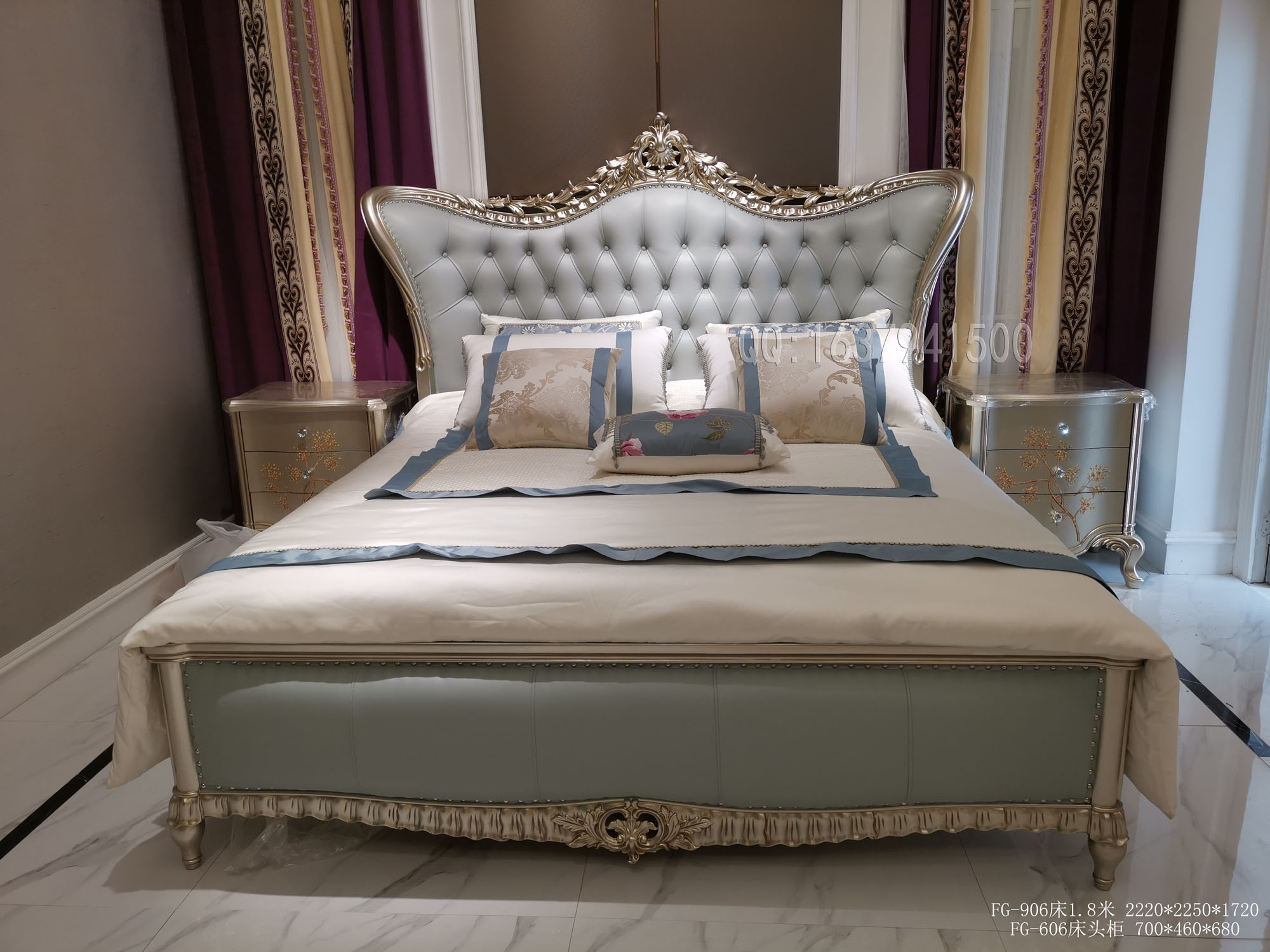 欧式法式实木新古典家具香槟金色FB06大床双人床 床头柜