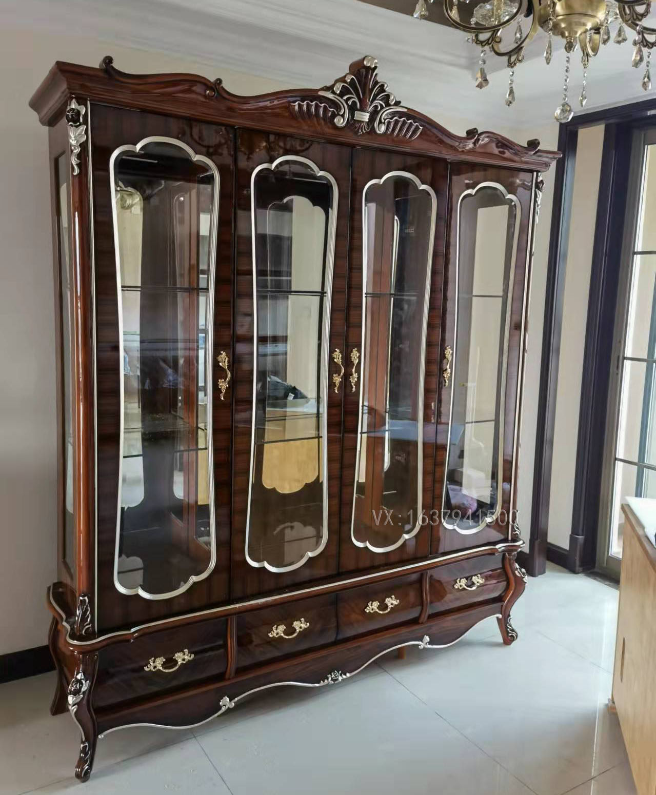 欧式家具新古典黑檀钢琴漆ZB1259四门酒柜餐厅红酸枝色