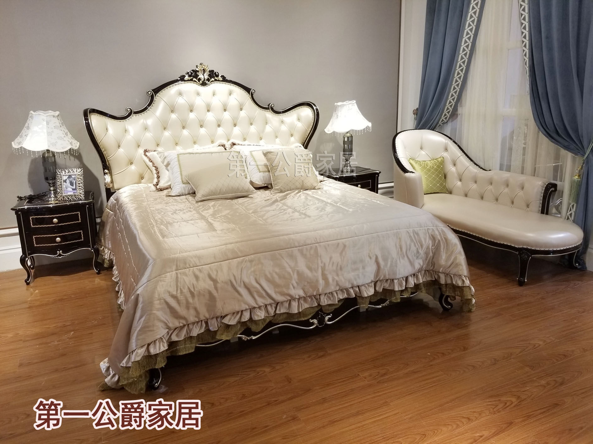 欧式法式贵族家具新古典黑檀钢琴漆ZB1289加大床2米 床头柜贵妃床